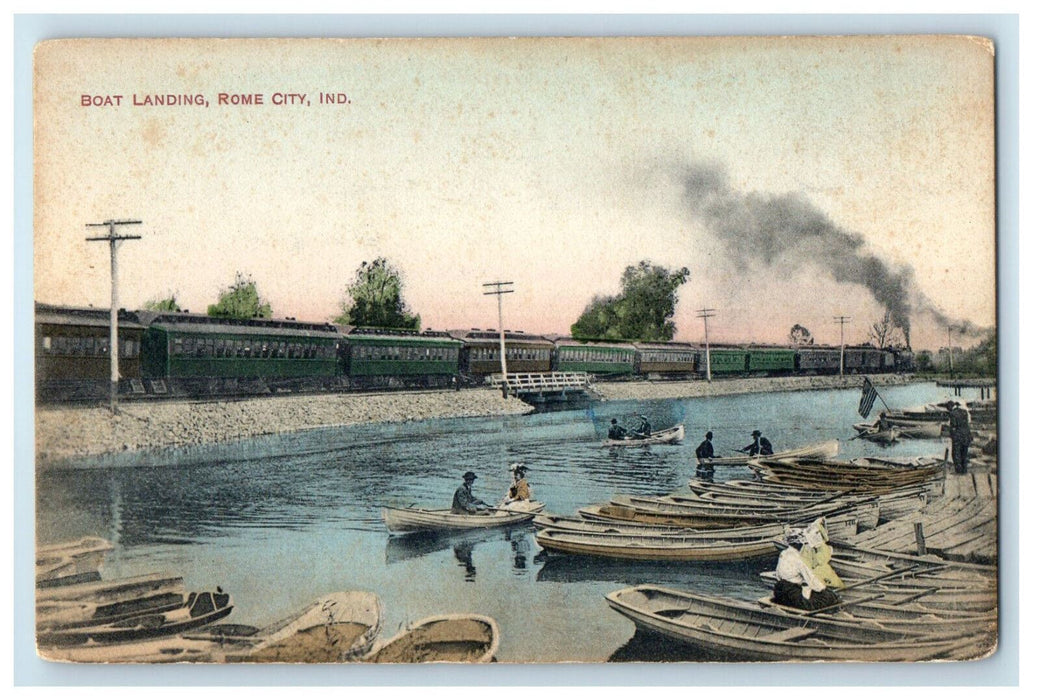 c1910 Canoe Boats, Boat Landing, Train Wagon, Rome City Indiana IN Postcard