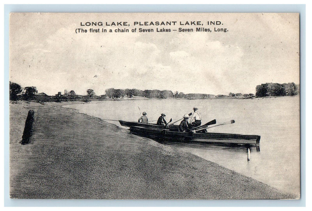 1909 Men Canoe Boat Rowing, Long Lake Pleasant Lake IN Antique Postcard