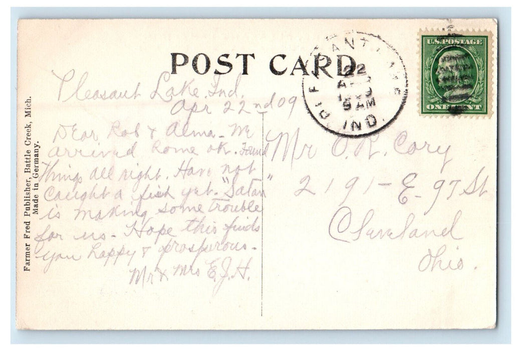 1909 Men Canoe Boat Rowing, Long Lake Pleasant Lake IN Antique Postcard
