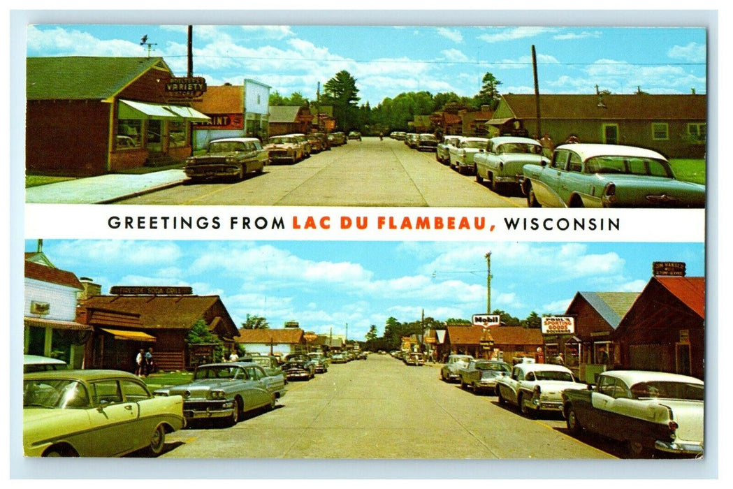c1930's Greetings From Lac Du Flambeau Wisconsin WI, Cars Split View Postcard