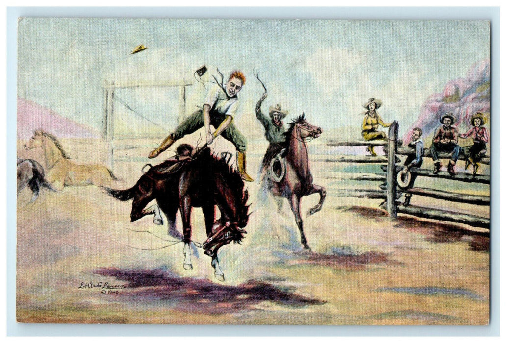 c1940s Oil Painting By LH Dude Larsen Cowboy Artist and Poet Postcard