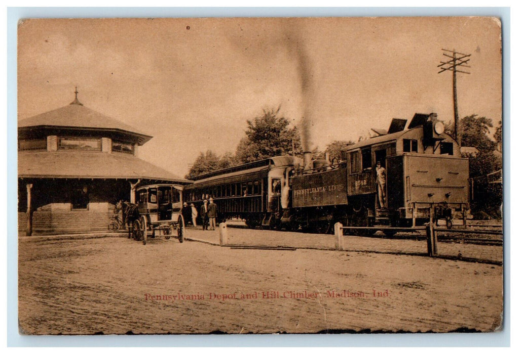 1912 Pennsylvania Depot and Hill Climber North Madison Indiana IN Postcard