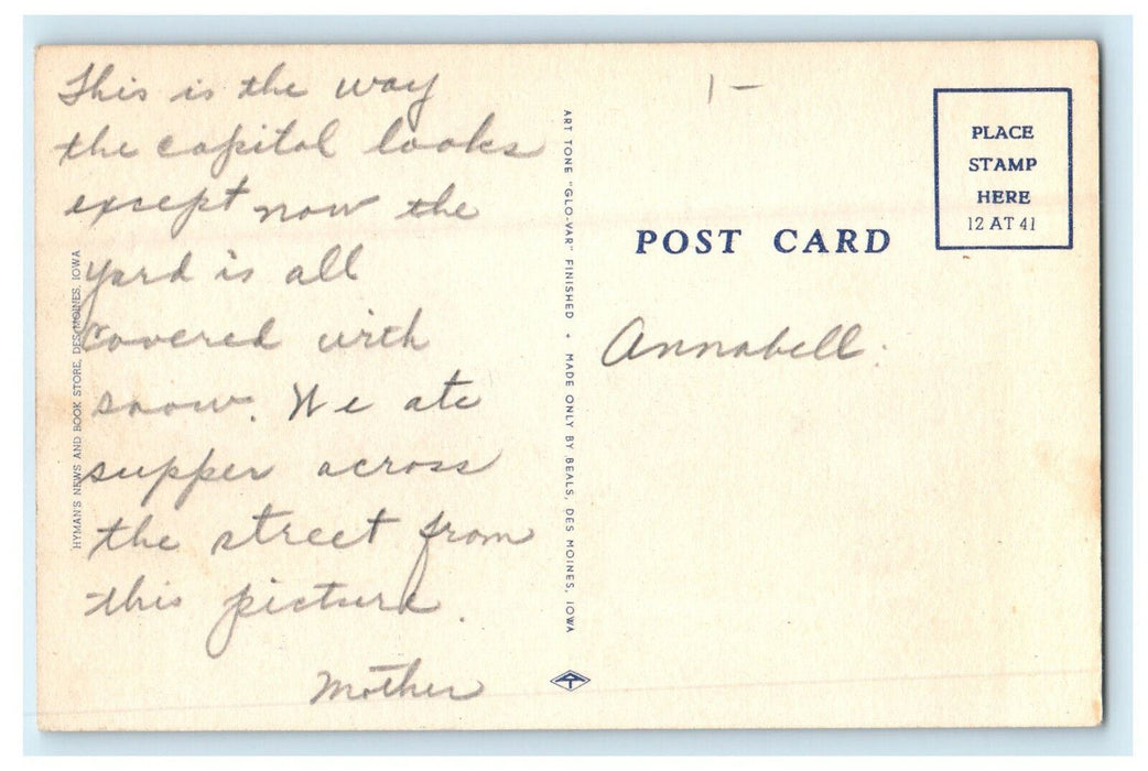 c1940s Iowa State Capitol Building and Sailors & Soldier's Monument IA Postcard