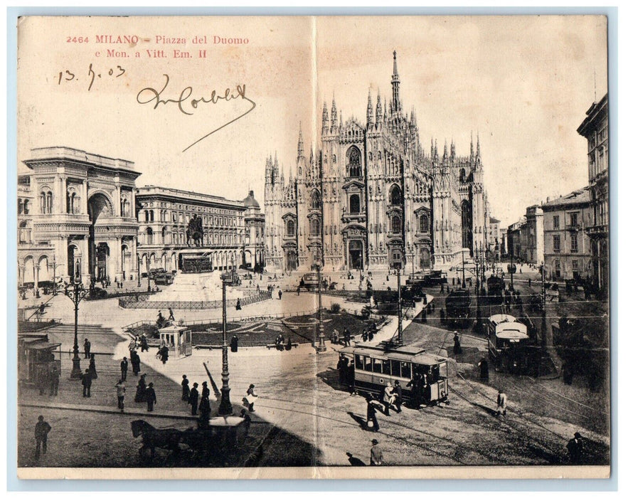 1903 Panoramic Bifold Milano Piazza del Duomo France Trolley Posted Postcard