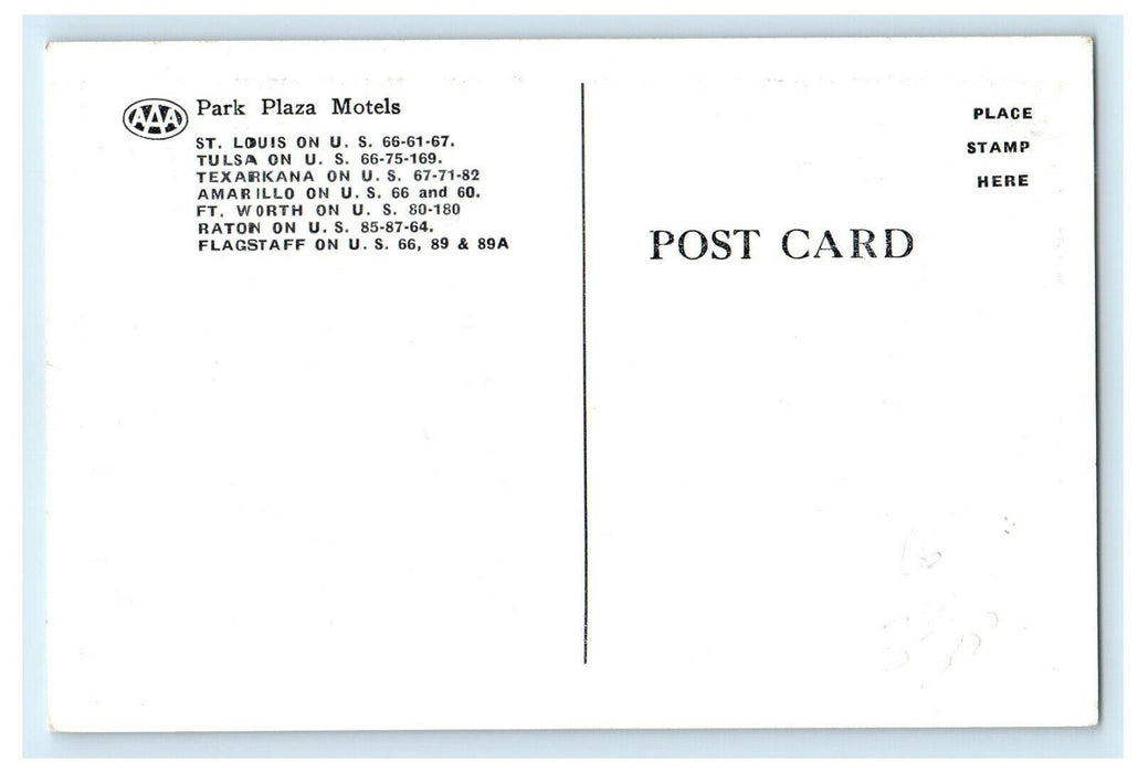 c1940s Park Plaza Motels. St. Louis Tulsa Texarkana Amarillo Ft. Worth Postcard