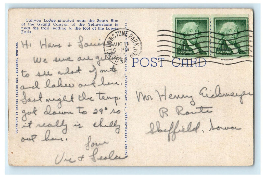 1956 Canyon Lodge, Yellowstone National Park Posted Vintage Postcard