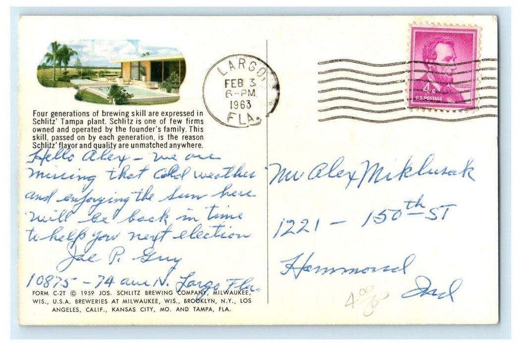 1963 Schlitz Tampa Plant Brewing Skill Company Tampa Largo Florida FL Postcard