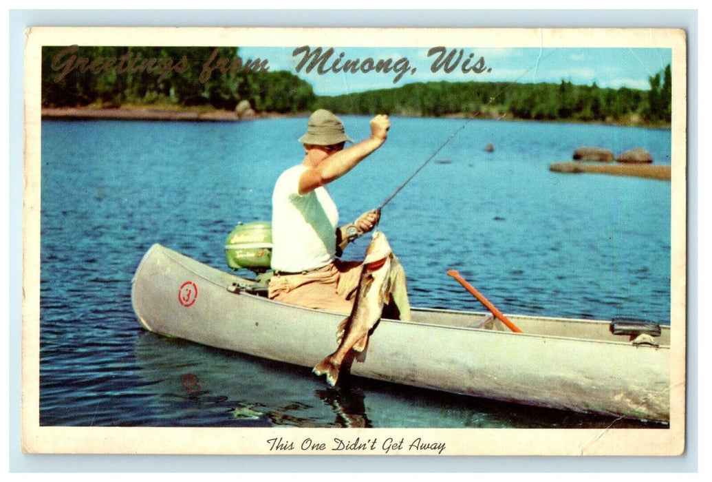 1984 Greetings From Minong Wisconsin WI, Man Catch Big Fish Postcard