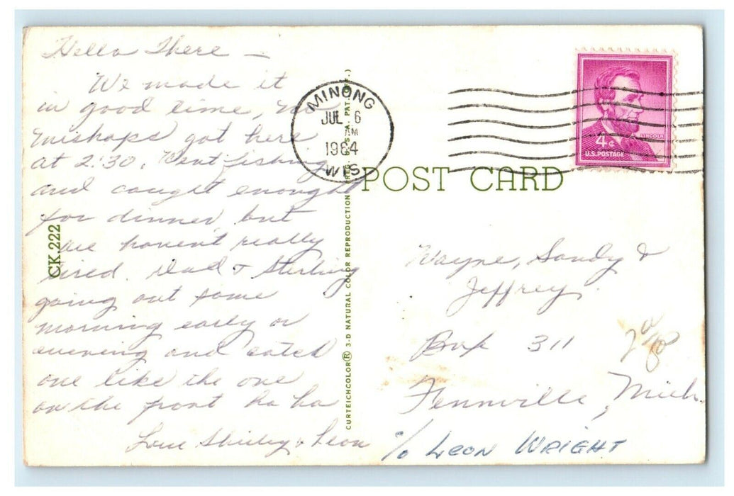 1984 Greetings From Minong Wisconsin WI, Man Catch Big Fish Postcard