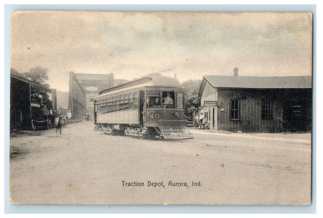 1910 Streetcar Trolley, Traction Depot Aurora Indiana IN Antique Posted Postcard