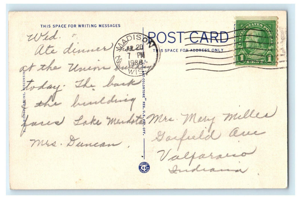 1938 Langdon Street and Memorial Union, University, Madison WI Postcard