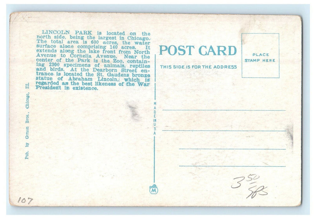 c1920s Grant Monument and Lagoon, Lincoln Park Chicago Illinois IL Postcard