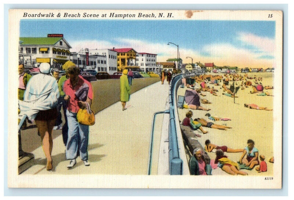 1953 Boardwalk & Beach Scene At Hampton Beach New Hampshire NH Vintage Postcard