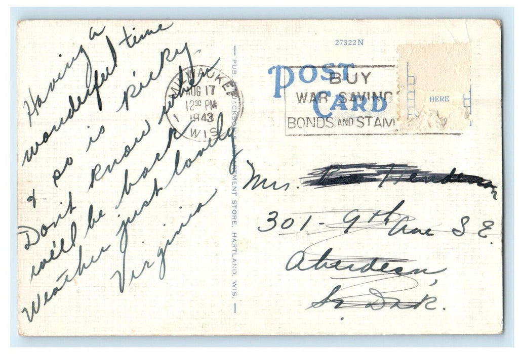 1943 Klein's Resort on Lake Nagawicka Near Hartland Wisconsin WI Cancel Postcard