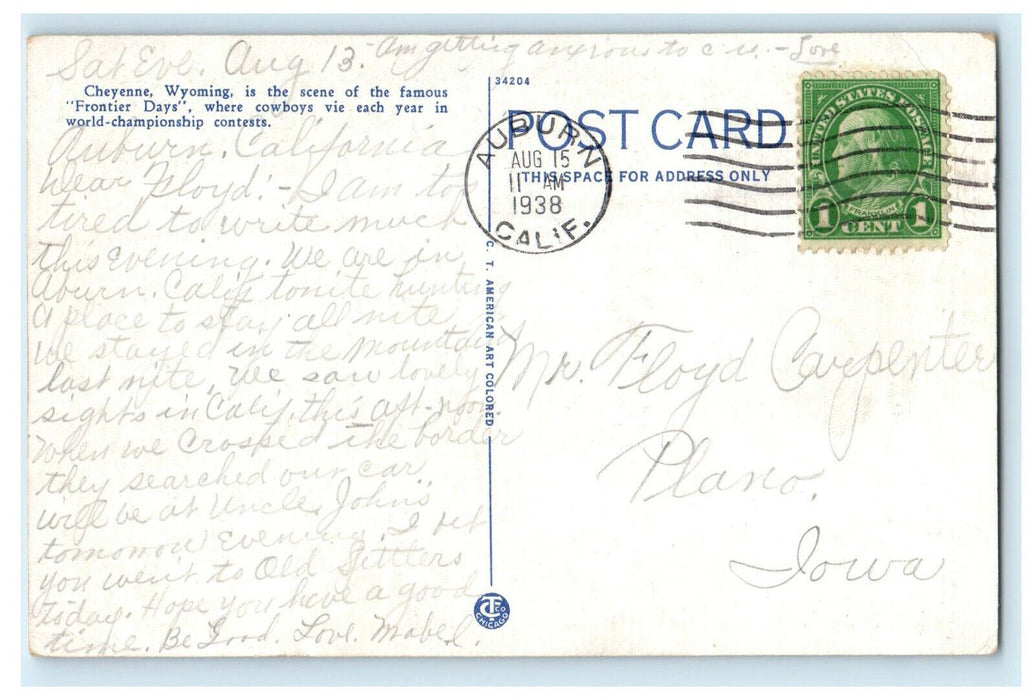 1938 Granite Springs Reservoir Near Cheyenne Wyoming WY Posted Vintage Postcard