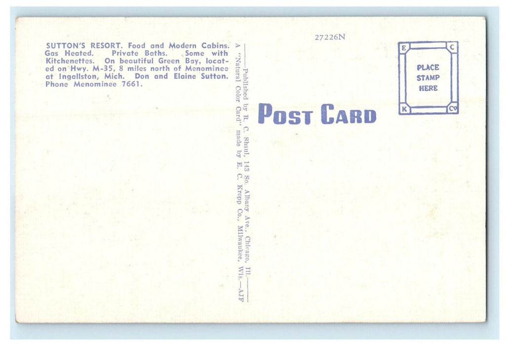 c1940s Sutton's Resort Highway M-35 Ingallston Michigan MI Postcard