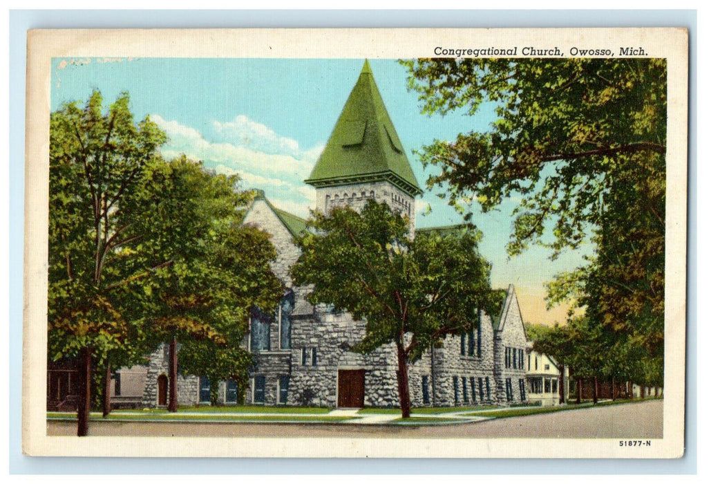 c1940s Congregational Church, Owosso Michigan MI Unposted Vintage Postcard