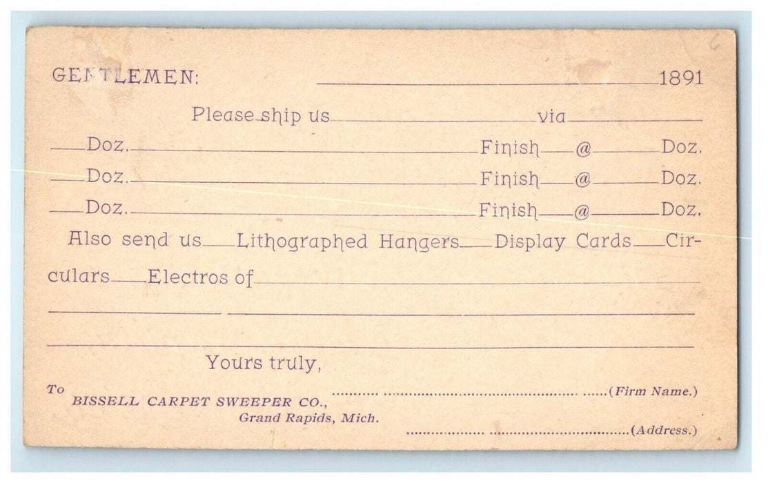 1891 Bissell Carpet Sweeper Co. Grand Rapids Michigan MI Advetising Postcard