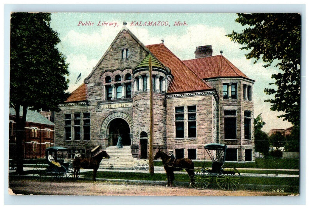 c1910's Public Library Horse And Buggy Kalamazoo Michigan MI Antique Postcard