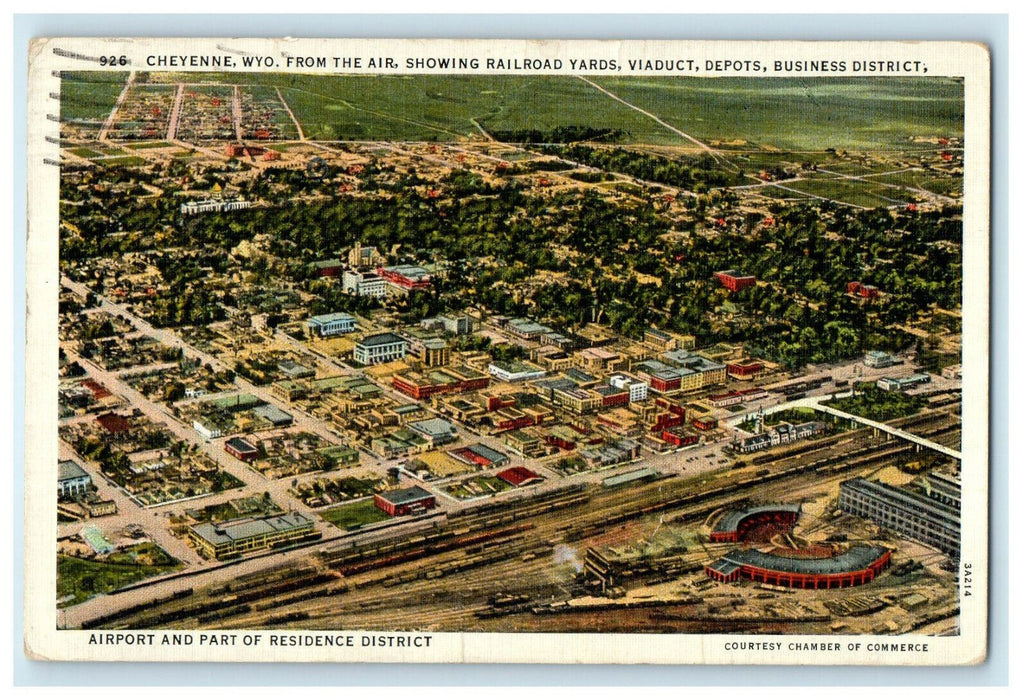 1939 Aerial View of Cheyenne Airport and Residency, Wyoming WY Postcard