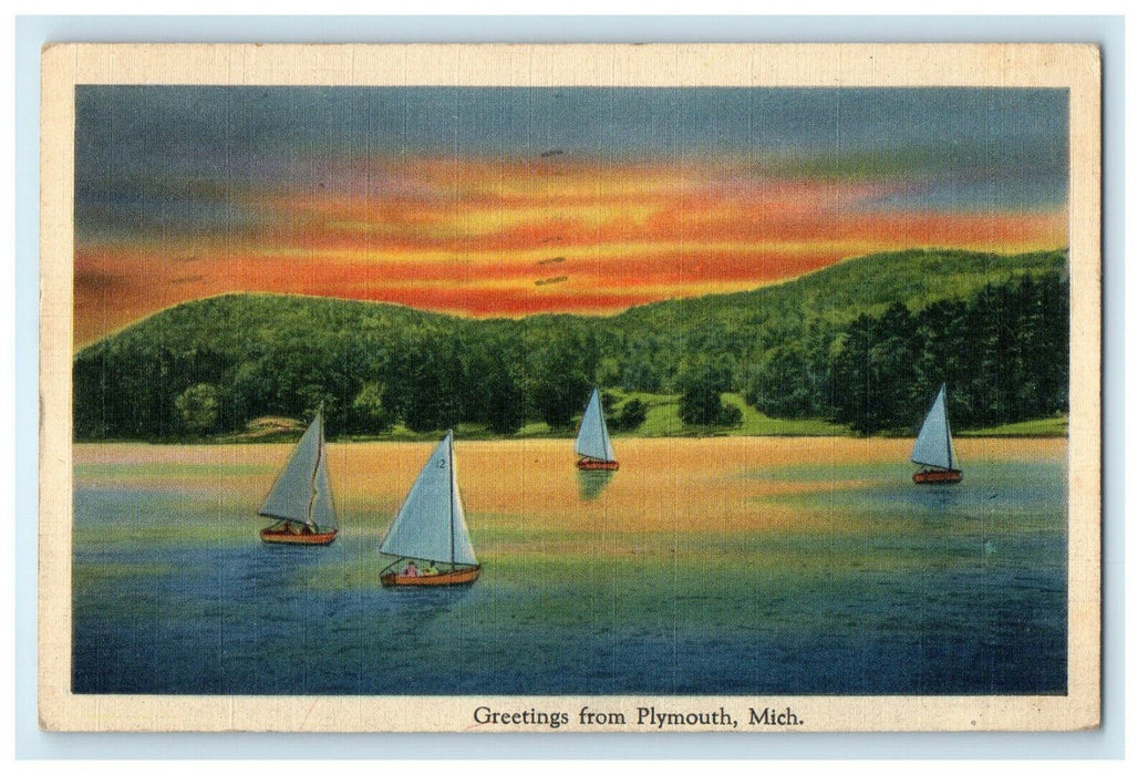 1946 Sunset, Hills, Sailboats Greetings from Plymouth Michigan MI Postcard