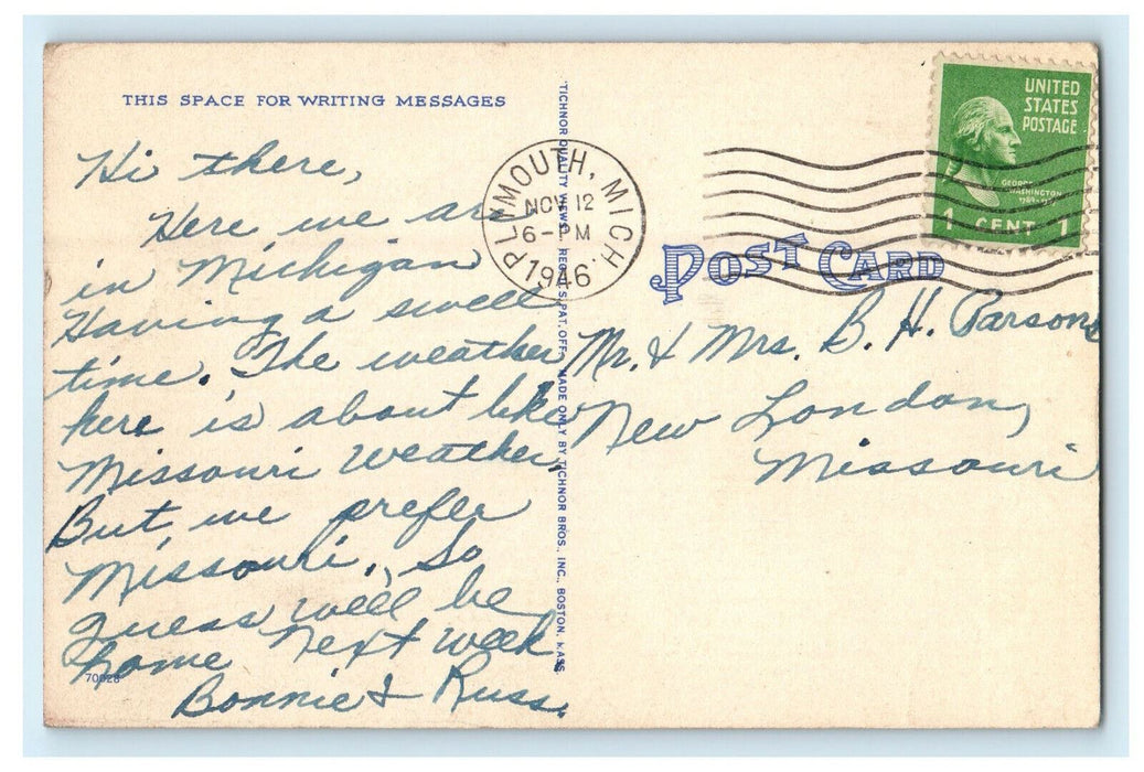 1946 Sunset, Hills, Sailboats Greetings from Plymouth Michigan MI Postcard