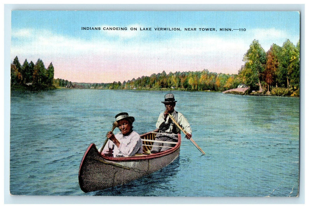 1951 Indians Canoeing on the Lake Vermillion Near Tower MN Postcard