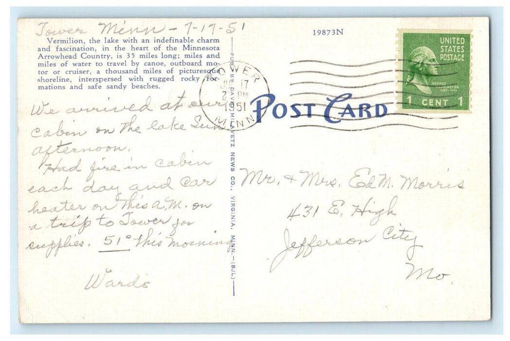 1951 Indians Canoeing on the Lake Vermillion Near Tower MN Postcard