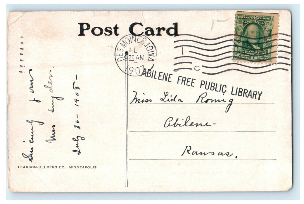 1907 Public Library Building Des Moines Iowa IA Posted Antique Postcard