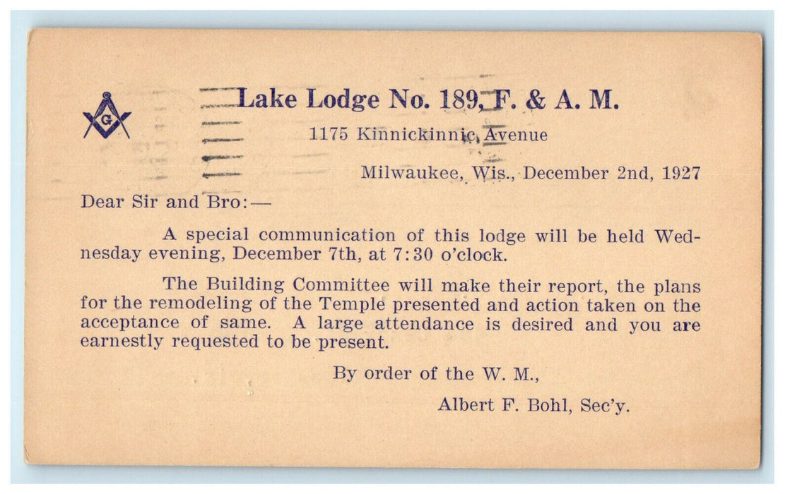 1927 Lake Lodge No. 189 F & AM Milwaukee Wisconsin WI Posted Postcard
