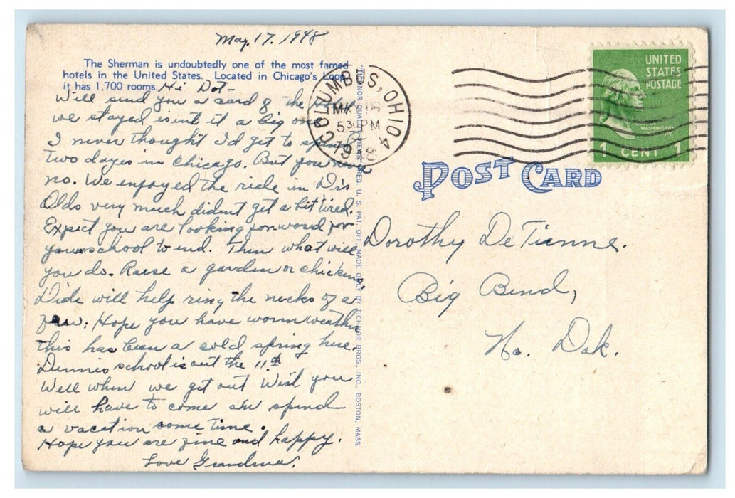 1948 Street View Hotel Building Cars Sherman Chicago Illinois IL Posted Postcard