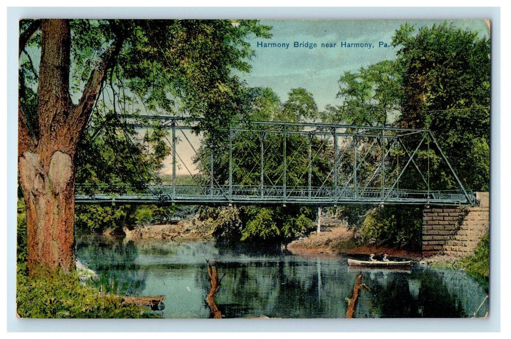 1909 Harmony Bridge And River Canoeing Harmony Pennsylvania PA Antique Postcard
