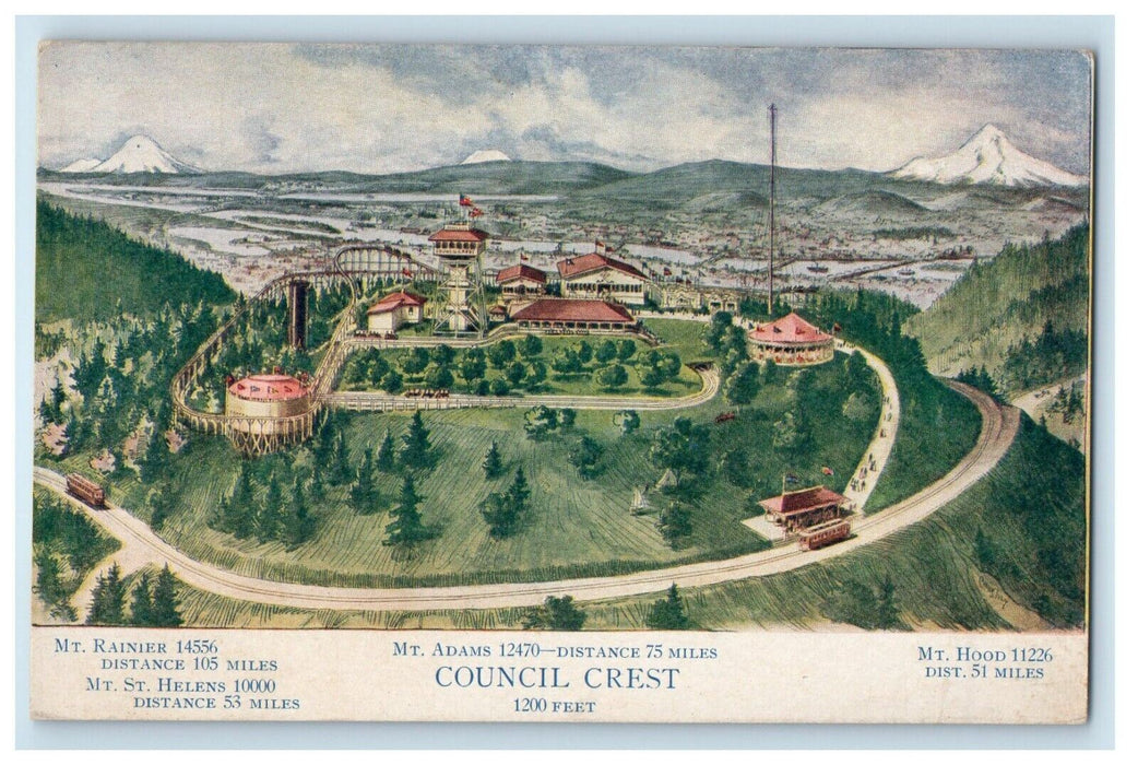Aerial View Mt. Rainier Council Crest Trolley Train Railroad Antique Postcard