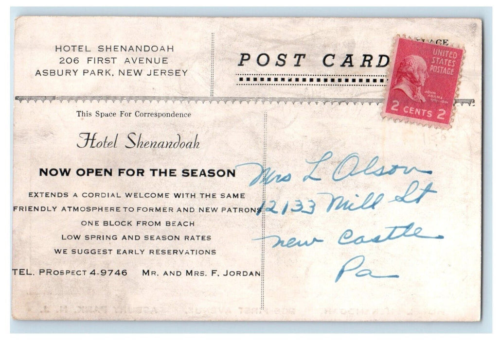 Hotel Shenandoah First Avenue Asbury Park New Jersey NJ, Advertising Postcard