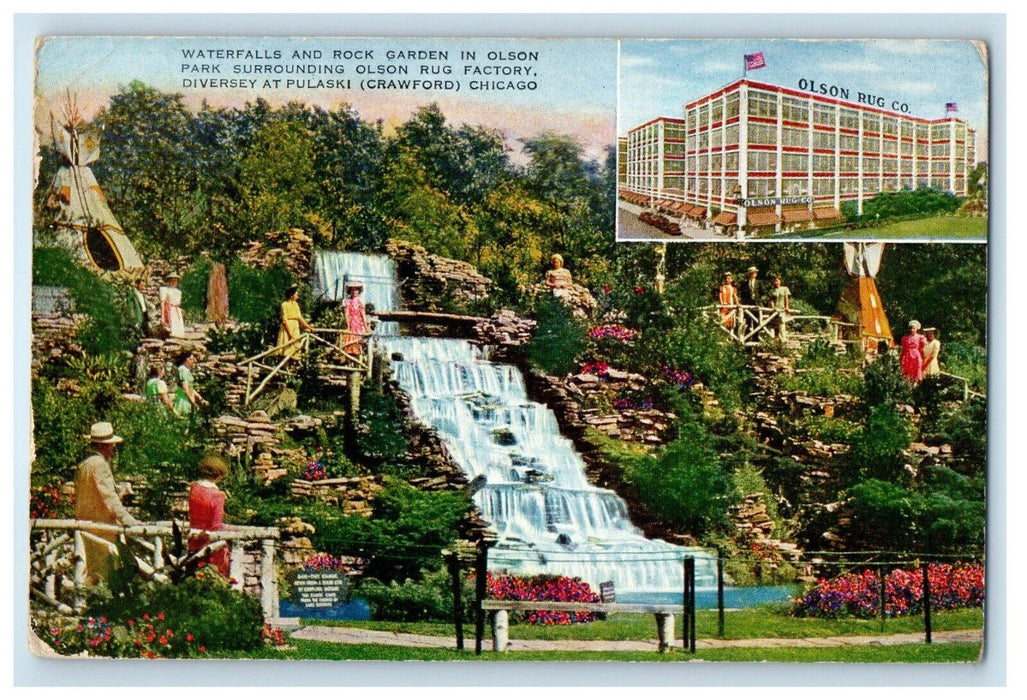 Waterfalls And Rock Garden Olson Park Rug Factory Chicago Illinois IL Postcard