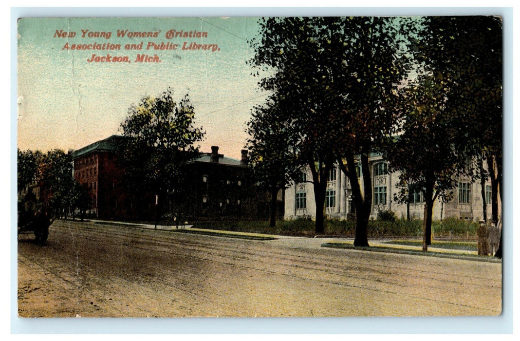 New Young Womens' Christian 1915 Public Library Jackson Michigan Rare Postcard