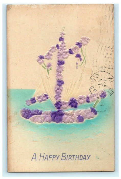 1910 - Purple Airbrushed Embossed Birthday Tiffin Ohio Sailboat Antique Postcard