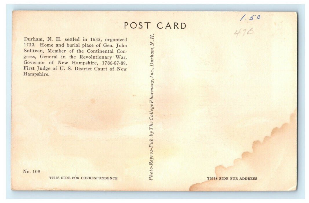 c1930's General John Sullivan Homestead Durham New Hampshire Unposted Postcard