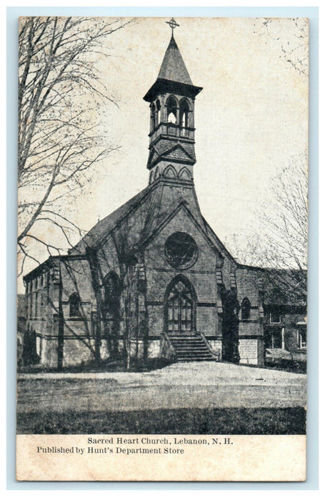 1913 Sacred Heart Church Lebanon New Hampshire NH Hunt's Store Postcard