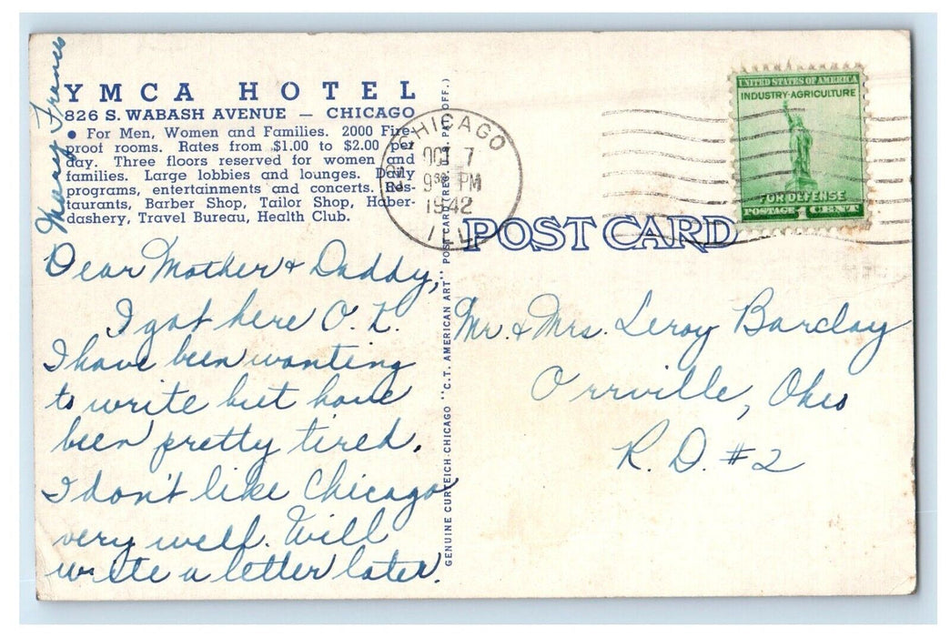 1942 Oriole Room The Cafeteria Y M C A Hotel Chicago Illinois IL Posted Postcard