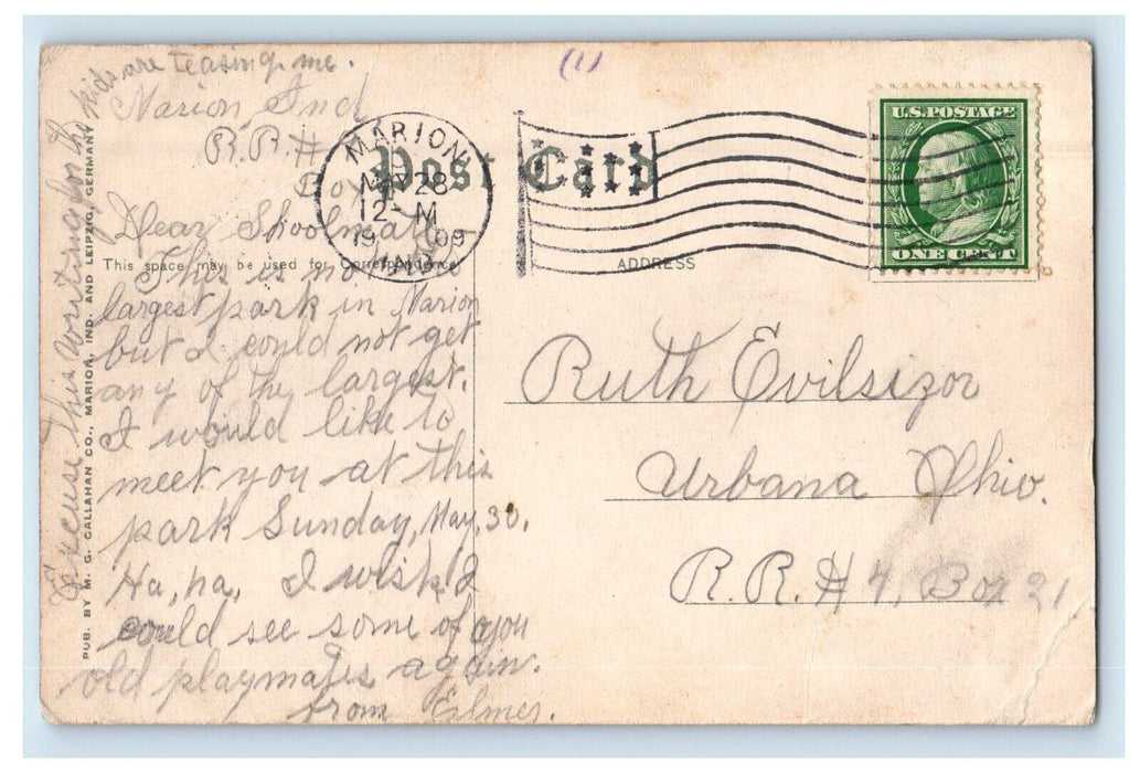 1909 Scene In Matters Park No. 1 Boys Car Marion Indiana IN Antique Postcard