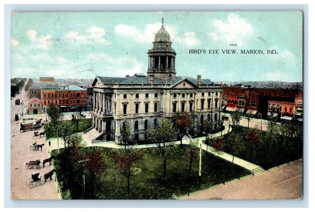 1909 Bird's Eye View Horse And Buggy Marion Indiana IN Posted Antique Postcard