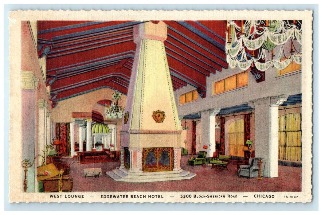 c1940s Edgewater Beach Yacht Club West Lounge Chicago Illinois IL Postcard