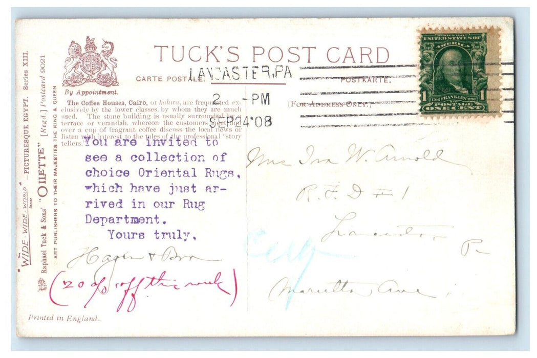 1908 Oriental Rug Advertising Oilette Tuck Coffee House Cairo Postcard