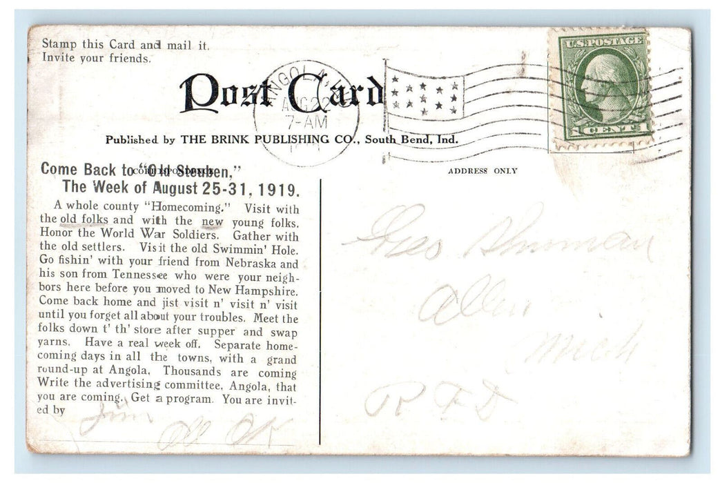 1919 High School Angola Indiana IN Posted Antique Advertising Postcard