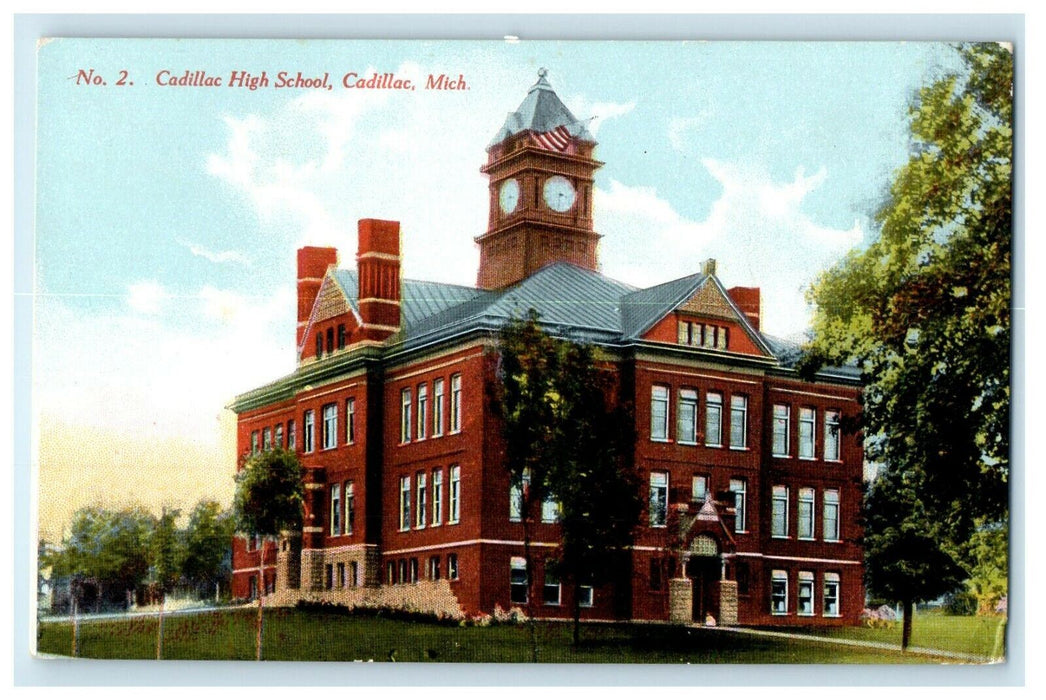 c1910's Cadillac High School Building Tower Clock Cadillac Michigan MI Postcard
