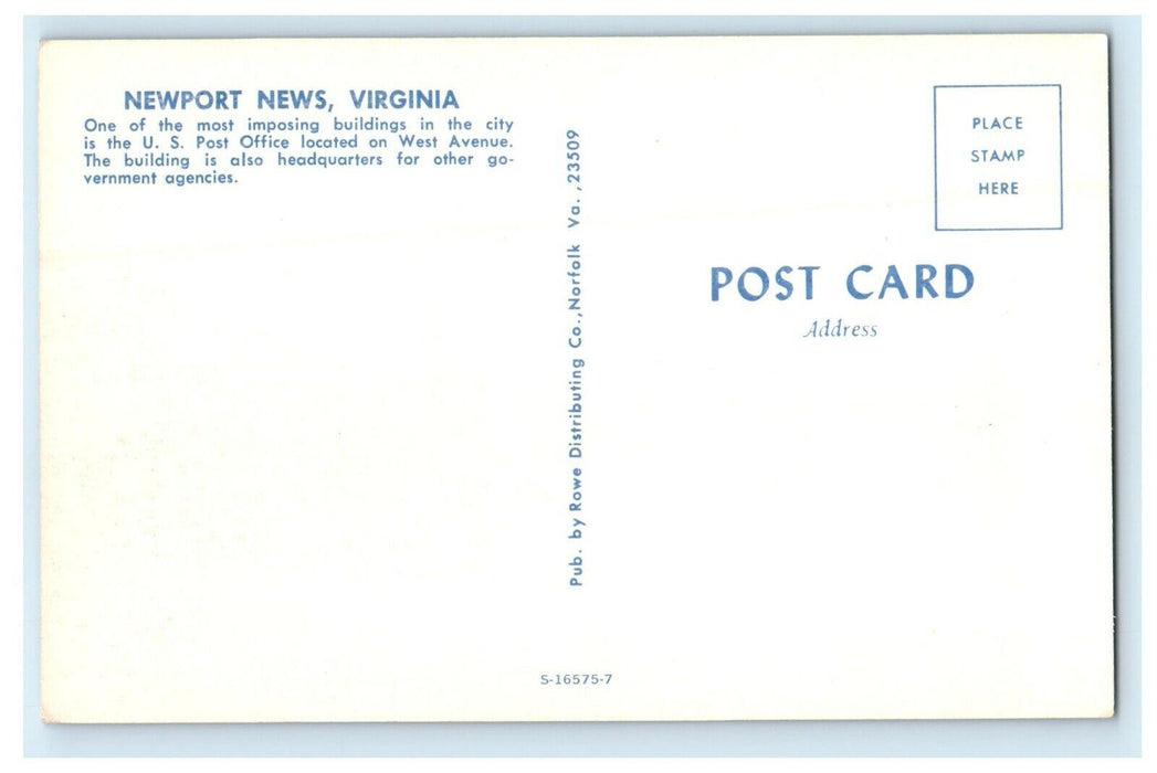 c1950's U.S Post Office And Headquarters Newport News Virginia VA Postcard