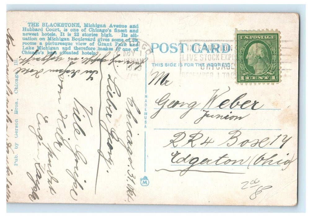 1923 The Blackstone Hotel, Chicago Illinois IL Posted Cancel Postcard