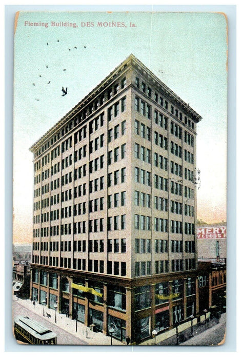 1909 Fleming Building Street View Des Moines Iowa IA Posted Antique Postcard