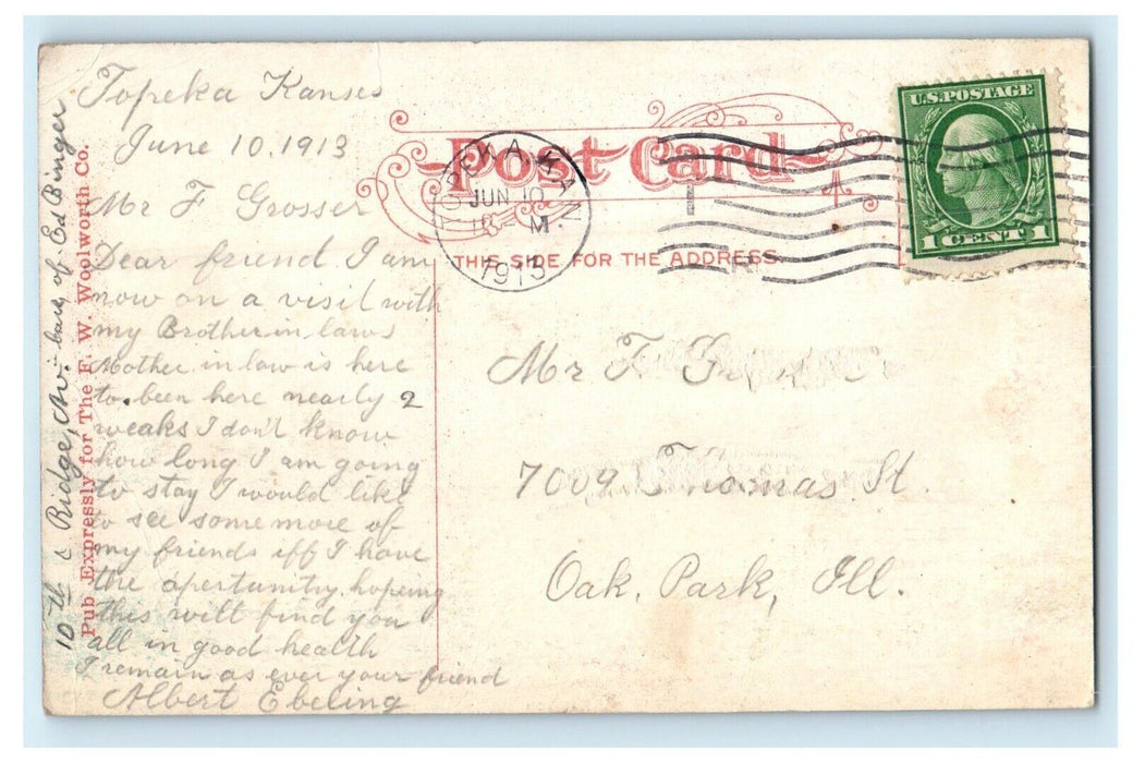 1913 View at Central Park, Topeka Kansas KS Antique Posted Postcard